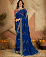 Vishal Prints Dark Blue Printed Georgette Saree With Foil Print And Zari Border