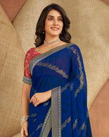 Vishal Prints Dark Blue Printed Georgette Saree With Foil Print And Zari Border