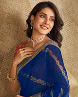 Vishal Prints Dark Blue Printed Georgette Saree With Foil Print And Zari Border