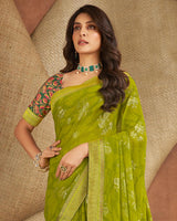 Vishal Prints Olive Green Printed Georgette Saree With Foil Print And Zari Border