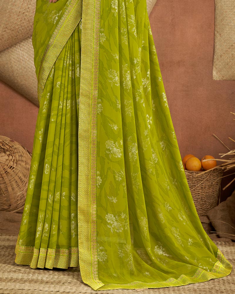 Vishal Prints Olive Green Printed Georgette Saree With Foil Print And Zari Border