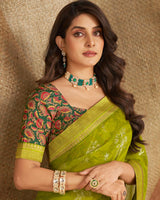 Vishal Prints Olive Green Printed Georgette Saree With Foil Print And Zari Border