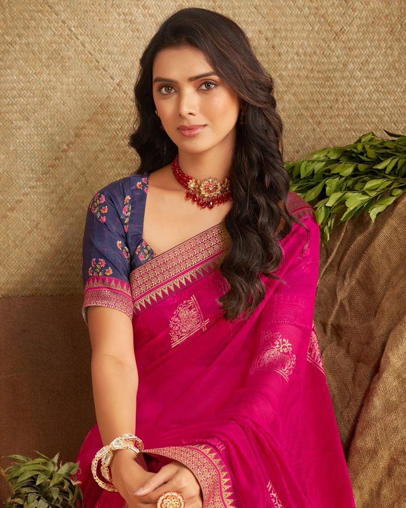 Vishal Prints Lipstick Pink Printed Georgette Saree With Foil Print And Zari Border