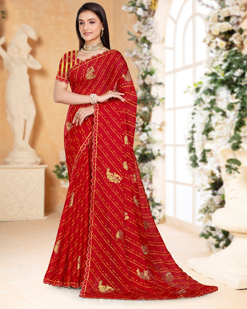 Vishal Prints Dark Red Printed Chiffon Bandhani Print Saree With Foil Print And Cut Work Diamond Border