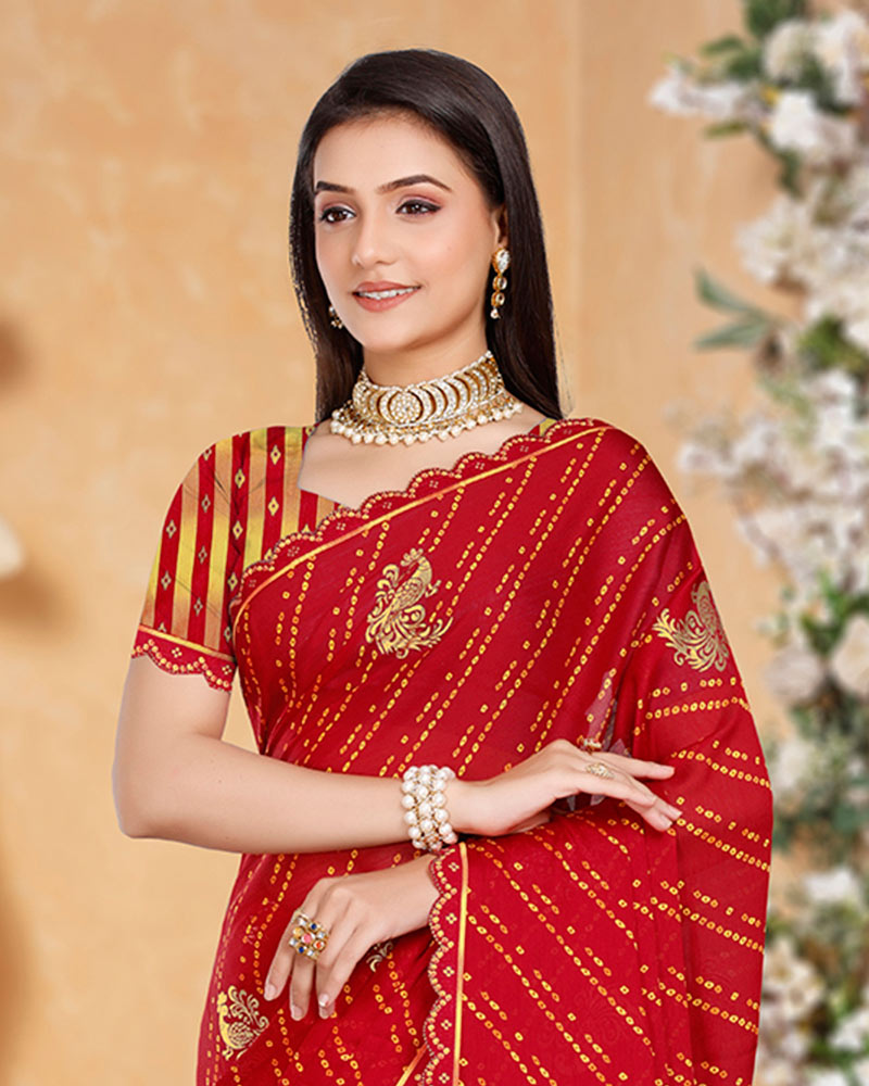 Vishal Prints Dark Red Printed Chiffon Bandhani Print Saree With Foil Print And Cut Work Diamond Border
