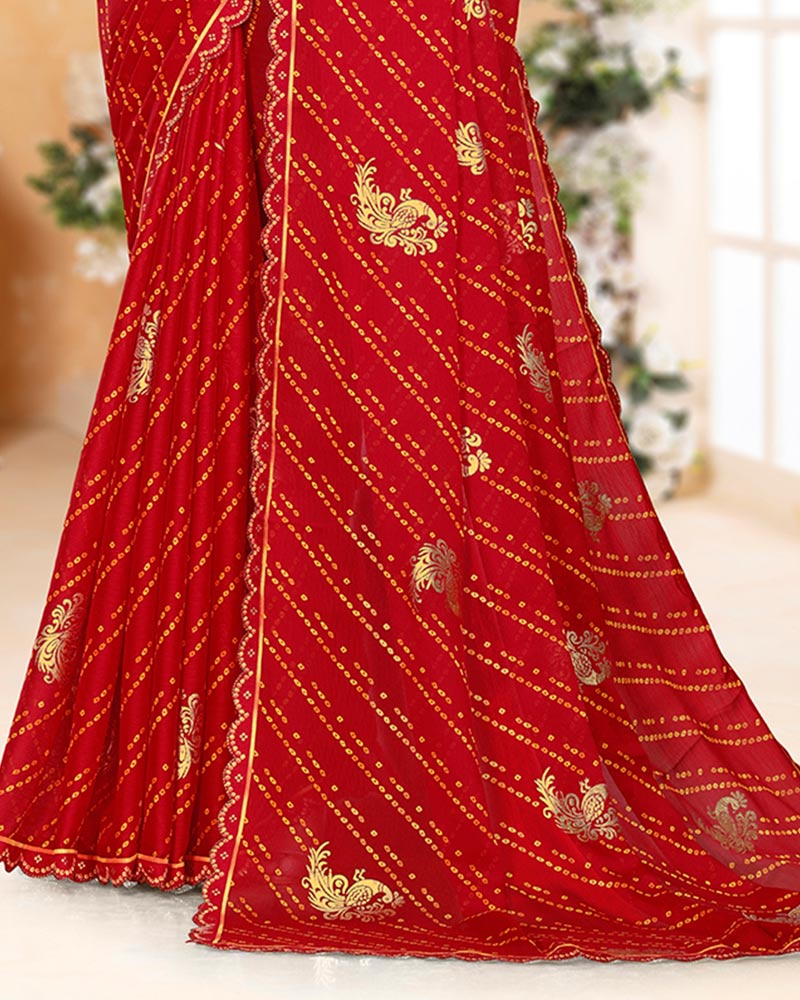 Vishal Prints Dark Red Printed Chiffon Bandhani Print Saree With Foil Print And Cut Work Diamond Border