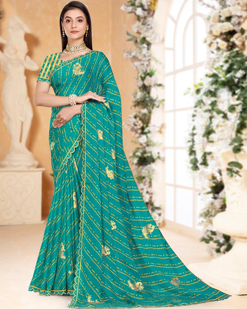 Vishal Prints Persian Green Printed Chiffon Bandhani Print Saree With Foil Print And Cut Work Diamond Border