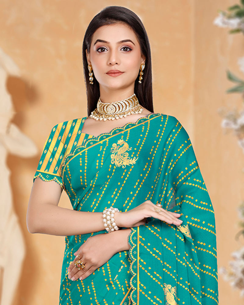 Vishal Prints Persian Green Printed Chiffon Bandhani Print Saree With Foil Print And Cut Work Diamond Border