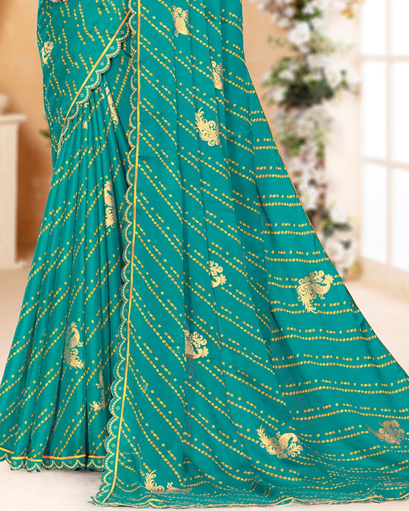 Vishal Prints Persian Green Printed Chiffon Bandhani Print Saree With Foil Print And Cut Work Diamond Border