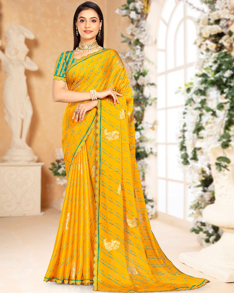Vishal Prints Golden Yellow Printed Chiffon Bandhani Print Saree With Foil Print And Cut Work Diamond Border