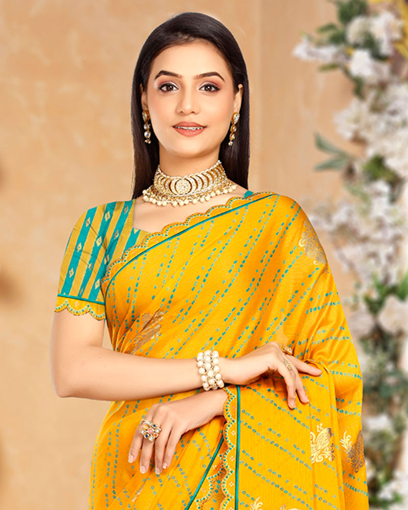 Vishal Prints Golden Yellow Printed Chiffon Bandhani Print Saree With Foil Print And Cut Work Diamond Border