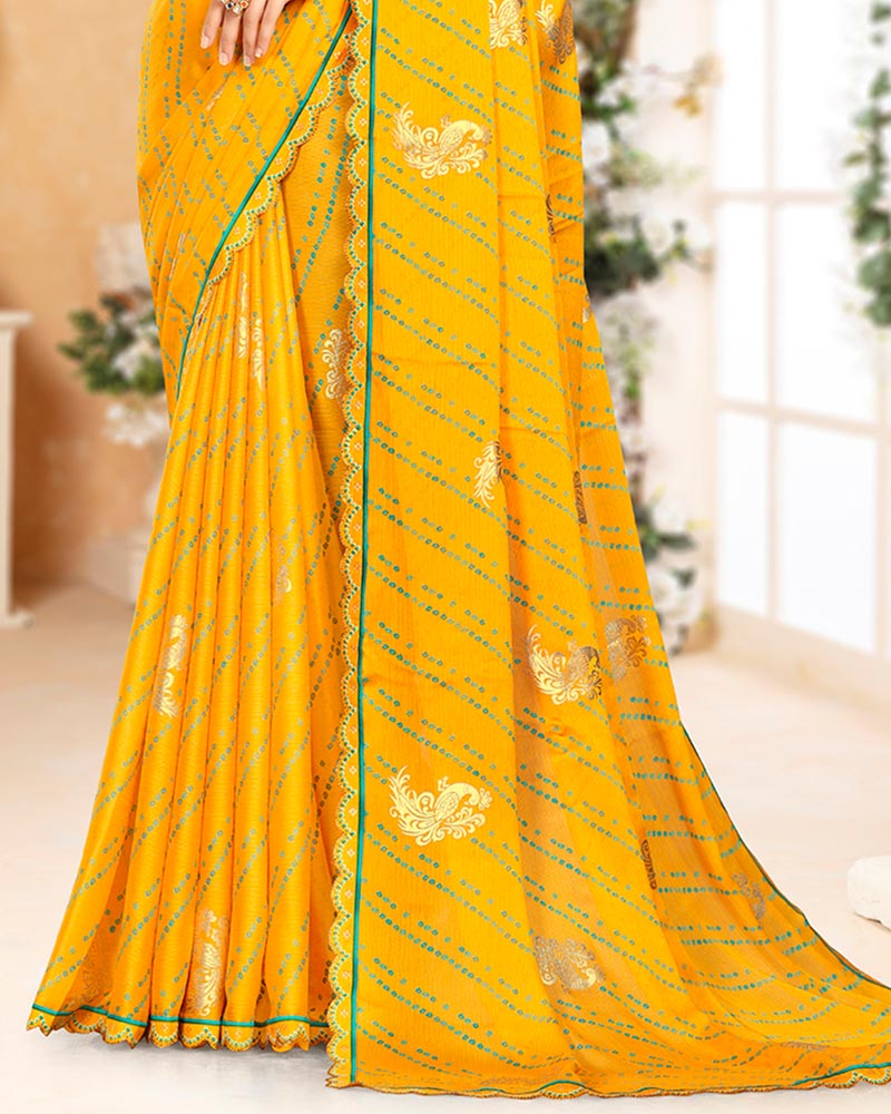 Vishal Prints Golden Yellow Printed Chiffon Bandhani Print Saree With Foil Print And Cut Work Diamond Border