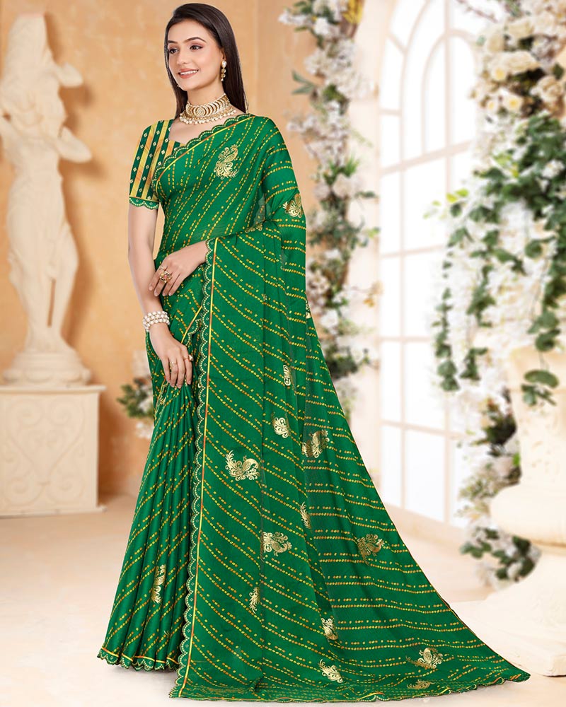 Vishal Prints Dark Green Printed Chiffon Bandhani Print Saree With Foil Print And Cut Work Diamond Border