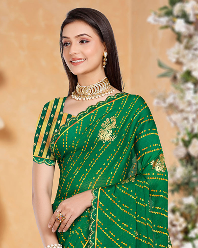 Vishal Prints Dark Green Printed Chiffon Bandhani Print Saree With Foil Print And Cut Work Diamond Border