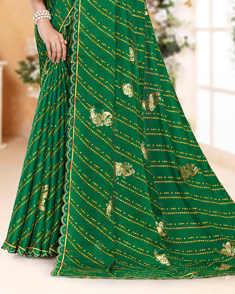 Vishal Prints Dark Green Printed Chiffon Bandhani Print Saree With Foil Print And Cut Work Diamond Border