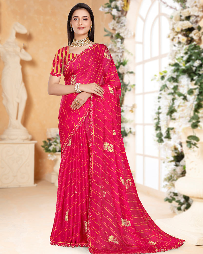 Vishal Prints Dark Fuchsia Printed Chiffon Bandhani Print Saree With Foil Print And Cut Work Diamond Border