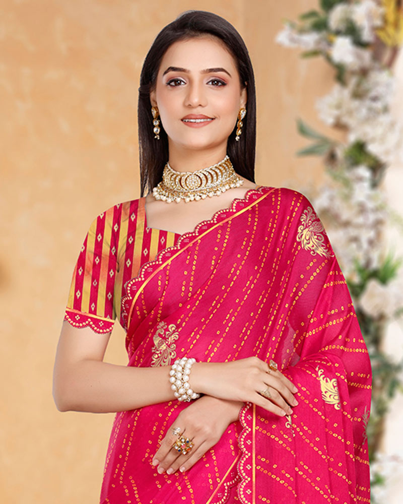 Vishal Prints Dark Fuchsia Printed Chiffon Bandhani Print Saree With Foil Print And Cut Work Diamond Border