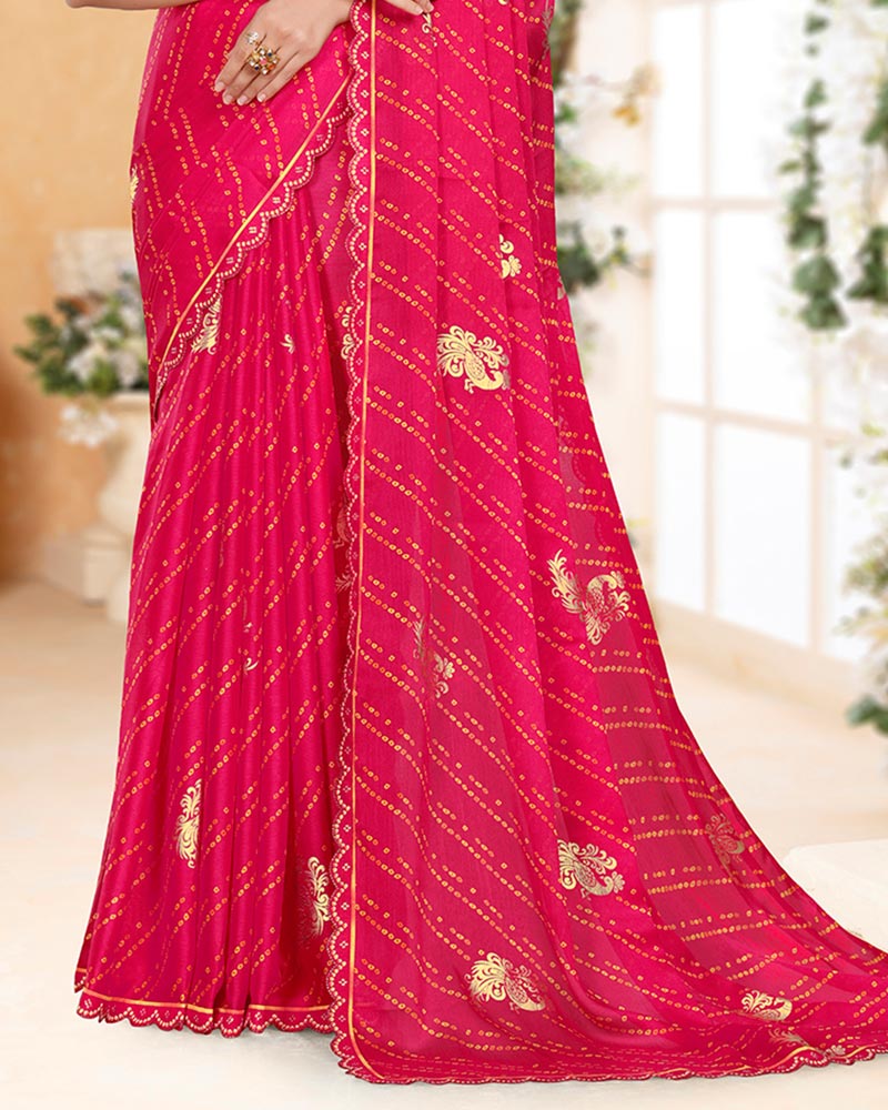 Vishal Prints Dark Fuchsia Printed Chiffon Bandhani Print Saree With Foil Print And Cut Work Diamond Border