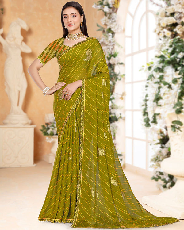 Vishal Prints Olive Green Printed Chiffon Bandhani Print Saree With Foil Print And Cut Work Diamond Border