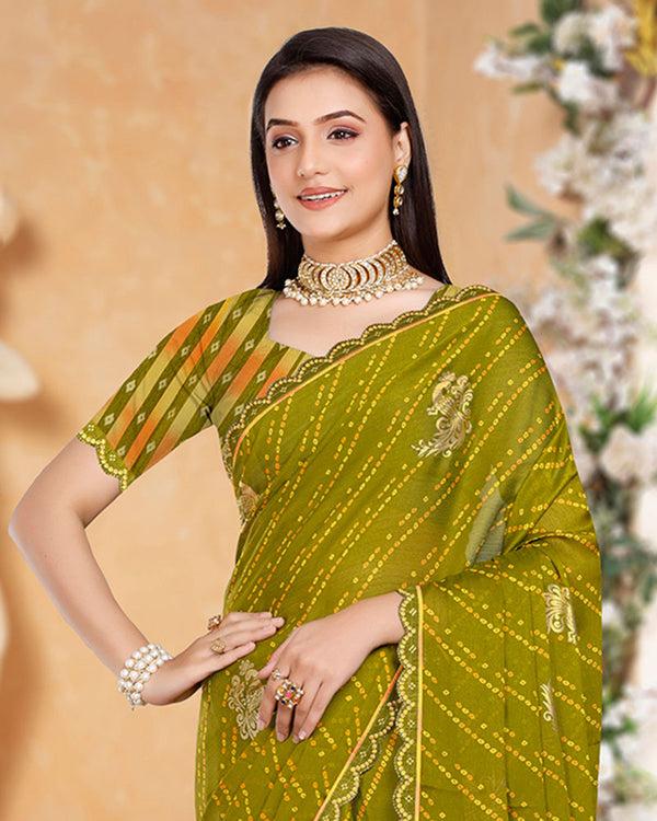 Vishal Prints Olive Green Printed Chiffon Bandhani Print Saree With Foil Print And Cut Work Diamond Border
