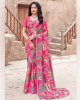 Vishal Prints Cerise Pink Printed Patterned Chiffon Saree With Diamond Work And Cut Work Border