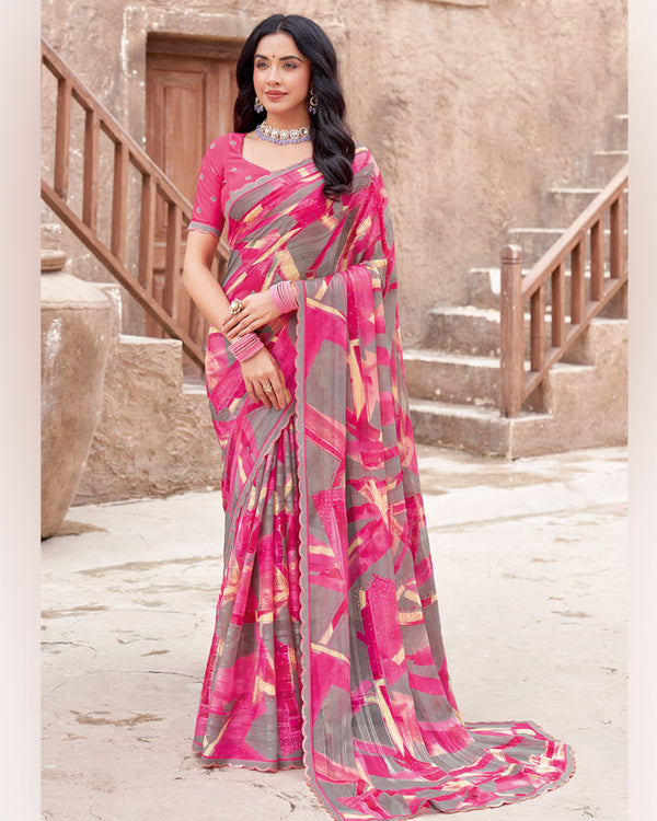 Vishal Prints Cerise Pink Printed Patterned Chiffon Saree With Diamond Work And Cut Work Border