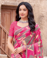 Vishal Prints Cerise Pink Printed Patterned Chiffon Saree With Diamond Work And Cut Work Border