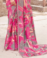 Vishal Prints Cerise Pink Printed Patterned Chiffon Saree With Diamond Work And Cut Work Border