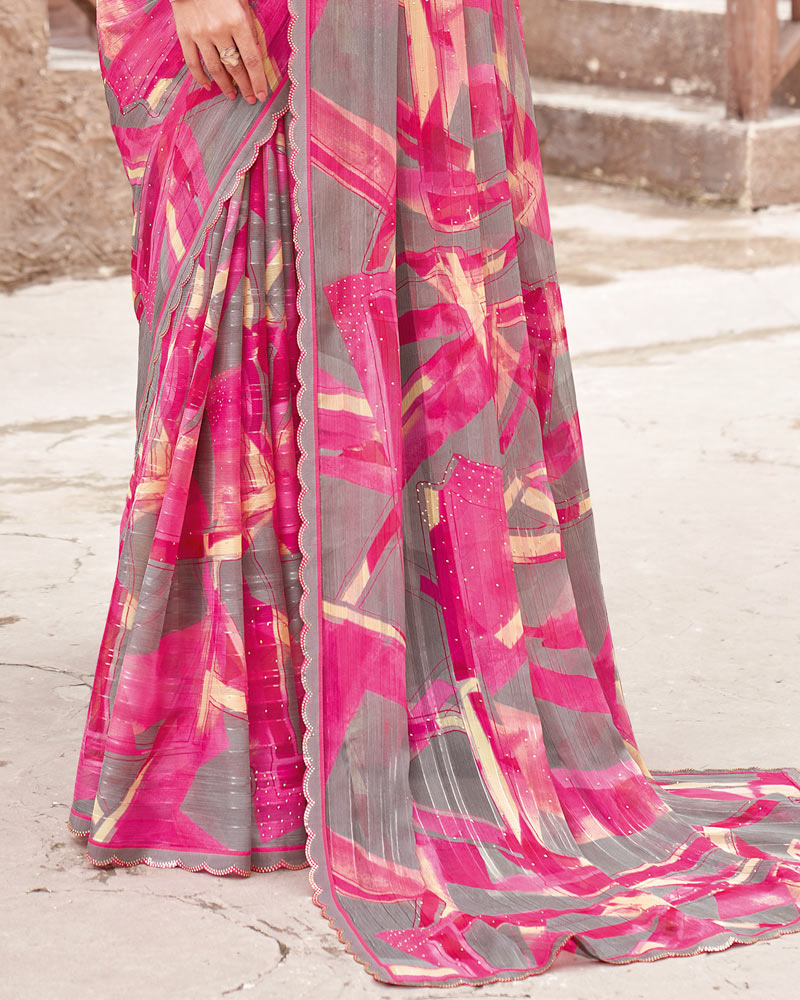 Vishal Prints Cerise Pink Printed Patterned Chiffon Saree With Diamond Work And Cut Work Border