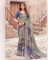 Vishal Prints Warm Grey Printed Patterned Chiffon Saree With Diamond Work And Cut Work Border