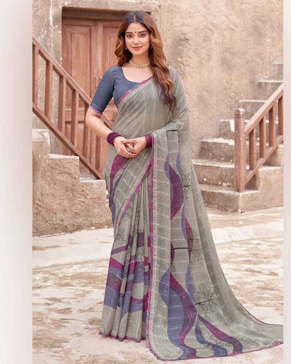 Vishal Prints Warm Grey Printed Patterned Chiffon Saree With Diamond Work And Cut Work Border