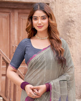 Vishal Prints Warm Grey Printed Patterned Chiffon Saree With Diamond Work And Cut Work Border
