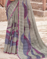 Vishal Prints Warm Grey Printed Patterned Chiffon Saree With Diamond Work And Cut Work Border