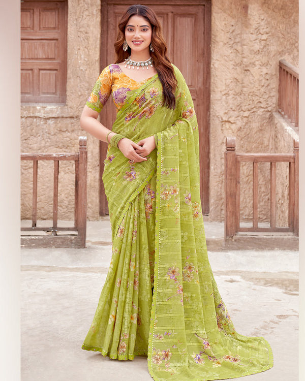 Vishal Prints Light Olive Green Printed Patterned Chiffon Saree With Diamond Work And Cut Work Border