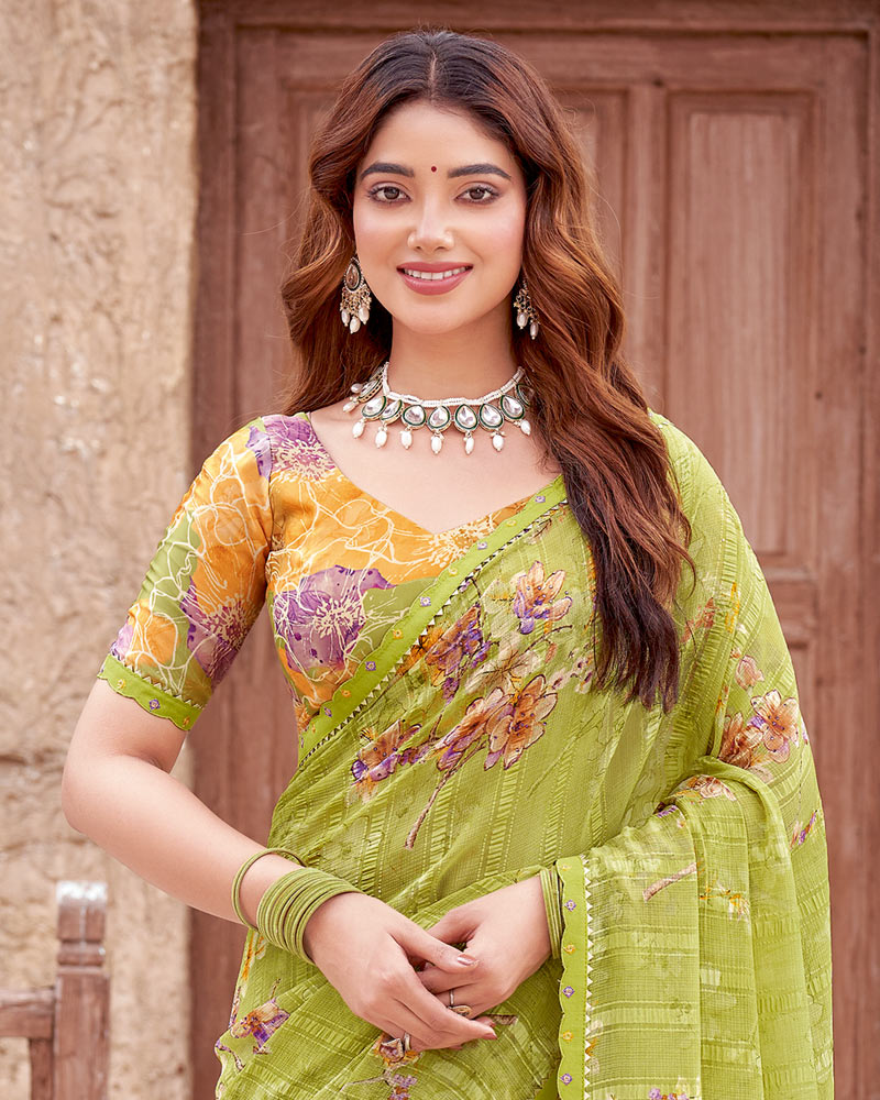Vishal Prints Light Olive Green Printed Patterned Chiffon Saree With Diamond Work And Cut Work Border
