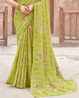 Vishal Prints Light Olive Green Printed Patterned Chiffon Saree With Diamond Work And Cut Work Border