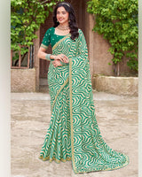 Vishal Prints Spanish White And Pine Green Printed Patterned Chiffon Saree With Diamond Work And Fancy Border