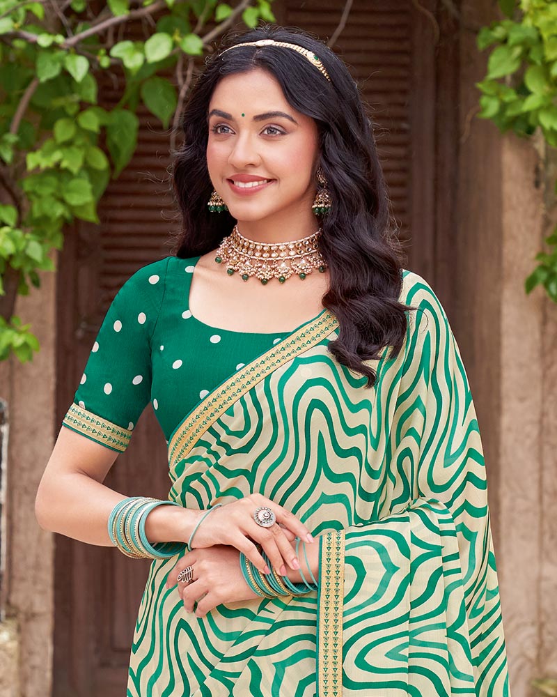 Vishal Prints Spanish White And Pine Green Printed Patterned Chiffon Saree With Diamond Work And Fancy Border