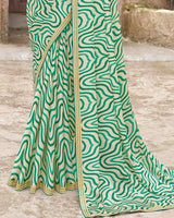Vishal Prints Spanish White And Pine Green Printed Patterned Chiffon Saree With Diamond Work And Fancy Border