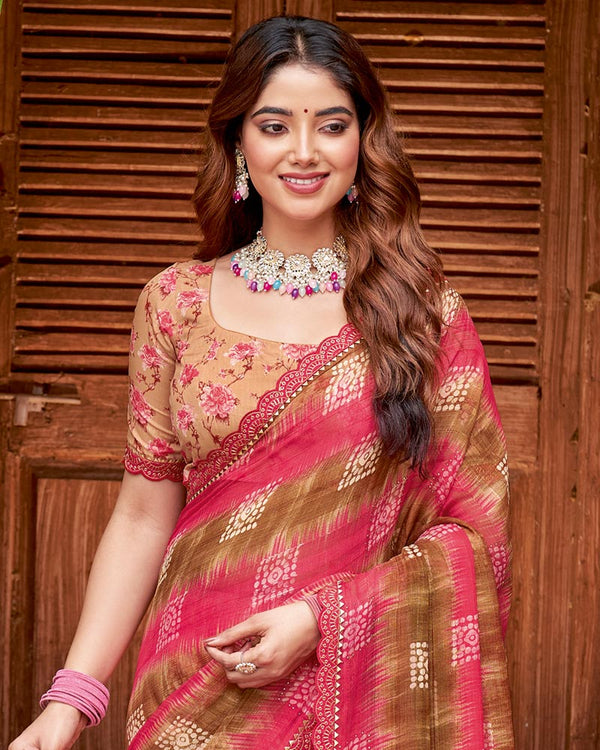 Vishal Prints Bright Maroon Printed Patterned Chiffon Saree With Diamond Work And Cut Work Border