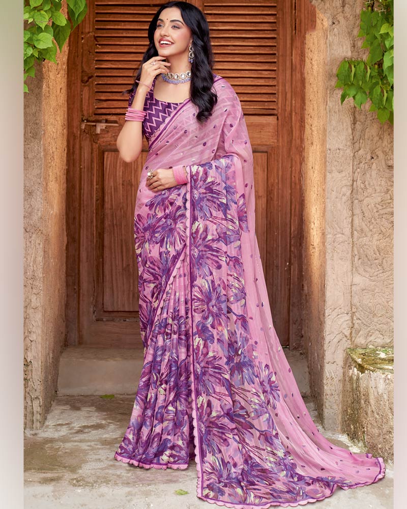 Vishal Prints Lily Pink And Dusty Purple Printed Patterned Chiffon Saree With Diamond Work And Cut Work Border