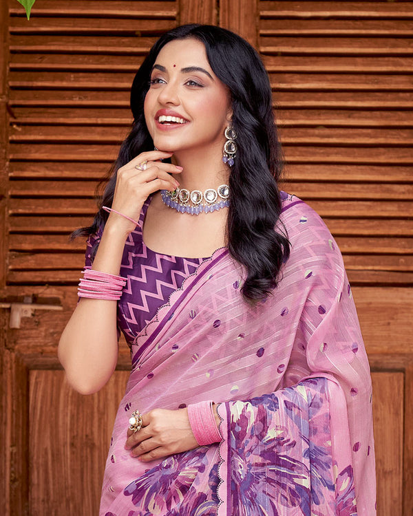 Vishal Prints Lily Pink And Dusty Purple Printed Patterned Chiffon Saree With Diamond Work And Cut Work Border