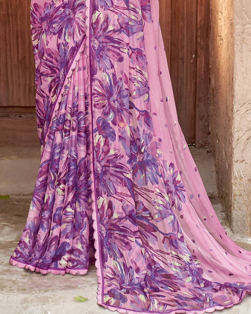 Vishal Prints Lily Pink And Dusty Purple Printed Patterned Chiffon Saree With Diamond Work And Cut Work Border