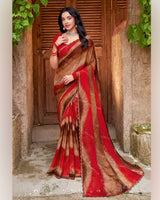 Vishal Prints Venetian Red And Dusty Brown Printed Patterned Chiffon Saree With Diamond Work And Cut Work Border
