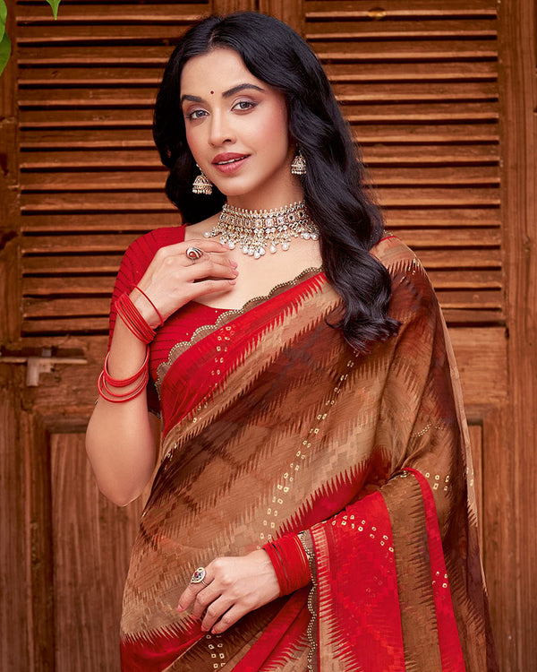 Vishal Prints Venetian Red And Dusty Brown Printed Patterned Chiffon Saree With Diamond Work And Cut Work Border