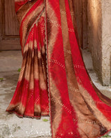 Vishal Prints Venetian Red And Dusty Brown Printed Patterned Chiffon Saree With Diamond Work And Cut Work Border