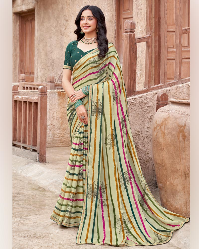 Vishal Prints Cream Printed Patterned Chiffon Saree With Diamond Work And Fancy Border