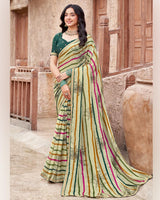 Vishal Prints Cream Printed Patterned Chiffon Saree With Diamond Work And Fancy Border
