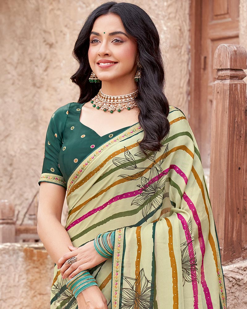 Vishal Prints Cream Printed Patterned Chiffon Saree With Diamond Work And Fancy Border