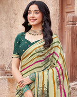 Vishal Prints Cream Printed Patterned Chiffon Saree With Diamond Work And Fancy Border